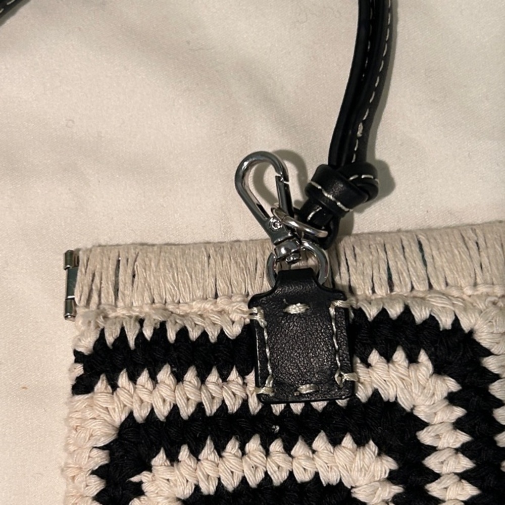 NWOT STAUD Artisanal Black & Cream Crochet Pouch & Black Leather Mini Bag Charm. - Picture 6 of 15